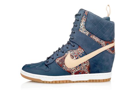 liberty-london-nike-dunk-sky-hi-sneakerboot-bourton-1 Trendy Womens Sneakers, Blue Wedge Heels, Navy Blue Wedges, Hidden Wedge Sneakers, Navy Blue Shoes, Sneaker Magazine, Floral Sneakers, Navy Shoes, Shoes Heels Wedges