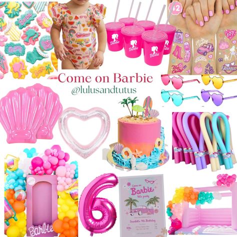 Malibu Barbie Surfboard, Tropical Barbie Party, Barbie Themed Pool Party, Malibu Beach Barbie Party, Beach Barbie Birthday Party, Barbie Birthday Pool Party, Barbie Swim Party, Barbie Pool Party Cake, Barbie Beach Birthday Party