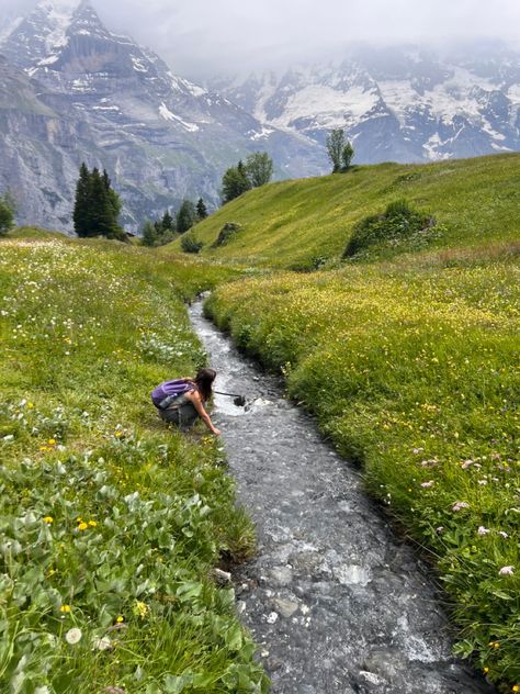 The Alps Switzerland, Switzerland Alps Aesthetic, Swiss Alps Spring, Hiking In The Alps, Swiss Hiking Outfit, The Swiss Alps, Swiss Summer Outfit, Backpacking Across Europe Aesthetic, Switzerland Nature Aesthetic