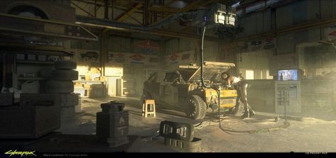 ArtStation - Nomad Garage, Ward Lindhout Cyberpunk 2077 Art, Red Cyberpunk, Scifi Environment, Technical Artist, Art Cyberpunk, Cyberpunk City, Auto Repair Shop, Garage Art, Production Design