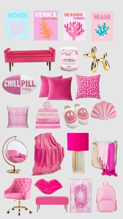 Preppy pink room decoration Preppy Tv Room, Preppy Summer Room Decor, Preppy Room Decor Shein, Preppy Room Furniture, Pink And Gold Preppy Room, Preppy Accent Wall Bedroom, Preppy Decorations For Room, Preppy Pink Room Decor, Pink Aesthetic Bedroom Ideas Preppy