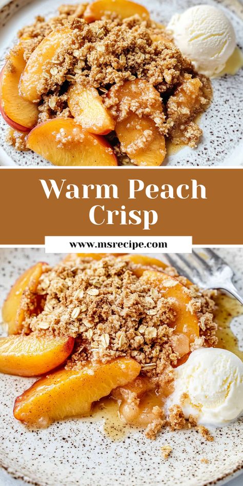 Serve this warm peach crisp straight from the oven, topped with melting vanilla ice cream. The combination of soft, syrupy peaches and crunchy streusel is simply irresistible! Peaches And Ice Cream Desserts, Peach Crisp With Frozen Peaches, Peaches And Ice Cream, Fresh Peach Crisp, Easy Peach Crisp, Peach Crisp Recipe, Ms Recipes, Peach Ice Cream, Peach Crisp