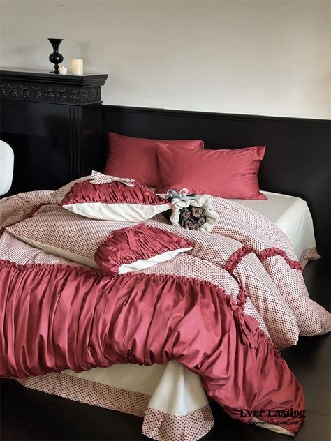 Raspberry Cheesecake Ribbon Ruffle Bedding Set | Best Stylish Bedding | Ever Lasting Red Velvet Comforter, Pink Ruffle Bedding, French Coquette, Ruffled Bedding, Red Bedspread, Modern Eclectic Bedroom, Classic Duvet Covers, Bedroom 2024, Rent House