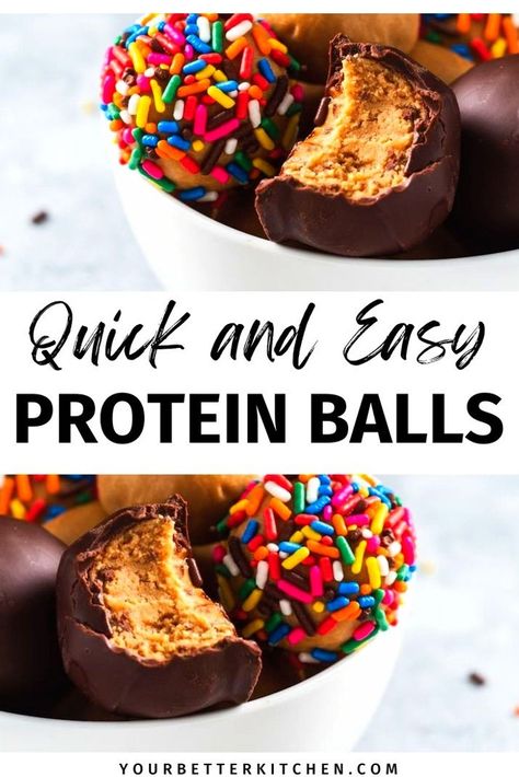 Need a delicious homemade protein ball recipe? Look no further than our high-protein peanut butter balls made with protein powder. These quick and easy snack ideas are the perfect healthy, no-bake dessert for kids or adults. Customize with chocolate or sprinkles. Make them today! Find the full recipe at yourbetterkitchen.com. Protein Peanut Butter Balls, Homemade Protein Balls, Easy Protein Snacks, Protein Peanut Butter Ball Recipes, Dessert For Kids, High Protein Peanut Butter, Easy Snack Ideas, Peanut Butter Protein Balls, Protein Peanut Butter