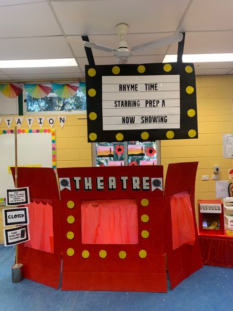 Theatre Preschool Activities, Dramatic Play Decorating Ideas, Theatre Dramatic Play Preschool, Dramatic Play Theater, Movie Theater Dramatic Play Center, Puppet Theatre Dramatic Play, Movie Theatre Dramatic Play Kindergarten, Drama Centre Ideas Kindergarten, Dramatic Play Movie Theater