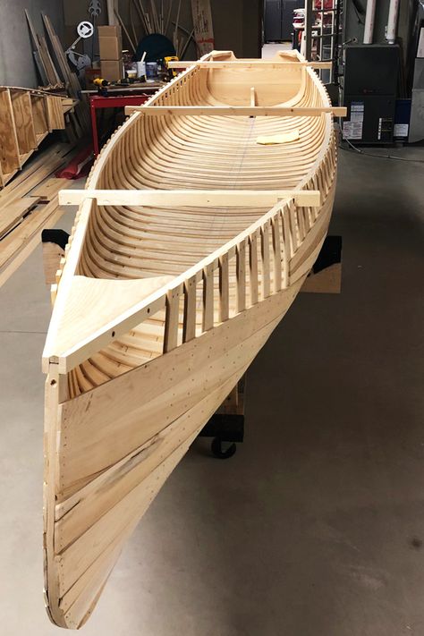 Jon Wiegand built canoes for his kids and a kayak for his wife before he gave much thought to a boat for himself. With the three strip-building projects to his credit, he decided to raise the stakes and build a wood-and-canvas canoe and the form the traditional construction requires. #smallboats #canoes #boatbuilding #DIY #DIYboats Cedar Strip Boat, Canoe Plans, Wood Boat Building, Cedar Strip Canoe, Canoe Accessories, Wood Canoe, Canoe Building, Wood Boat Plans, Wooden Canoe