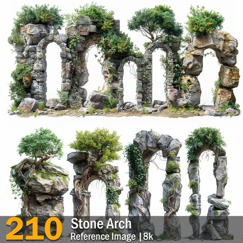 Stone Arch | Reference Images | 8K,  on ArtStation at https://www.artstation.com/artwork/obnxwq Waterfall Castle, Intertwined Trees, Creepy Tree, Ocean Plants, Stone Archway, Haunted Tree, Hanging Rock, Tree Door, Game Designer