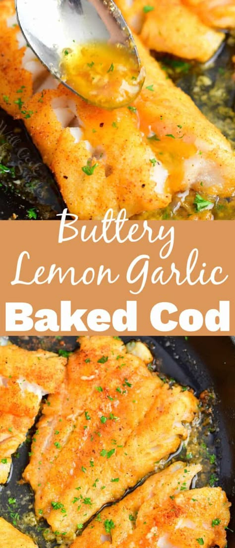 This is a delicious buttery Baked Cod recipe that has a simple and delicious seasoning combination along with savory garlic and fresh lemon flavors. This cod is lightly coated with seasoned flour, seared until golden, and finished off in the oven until perfectly cooked and juicy. This cooking method makes it a little crispy on the outside, and wonderfully juicy and tender on the inside. Cod Recipes Oven, Cod Fish Recipes Baked, Cod Recipes Healthy, Cod Fillet Recipes, Garlic Baked, Baked Cod Recipes, Cod Fish Recipes, Fish Recipes Baked, Cod Recipe