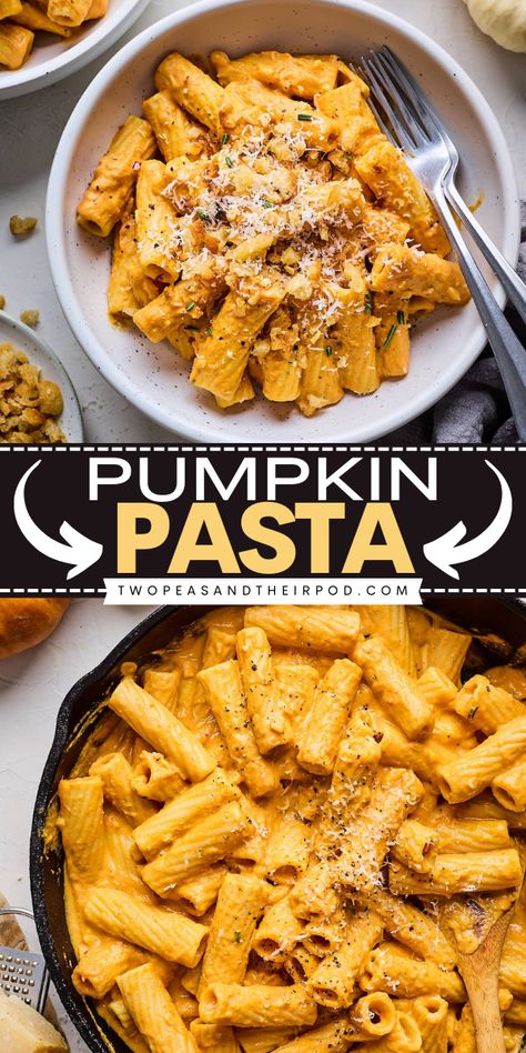 This Pumpkin Pasta is an easy Fall recipe that's creamy, cozy, and comforting! Add this delicious pasta recipe to your favorite pumpkin food ideas! Cheesy Pumpkin Pasta, Pumpkin Pasta Healthy, Pumpkin Pasta Dough, Classic Fall Recipes, Pumpkin And Ricotta Recipes, Fall Meals Easy, Pumpkin Feta Pasta, Fall Instapot Recipes, Halloween Pasta Recipes