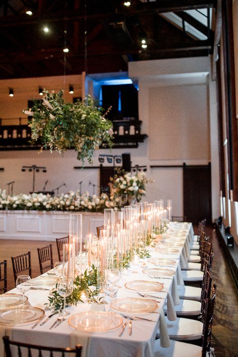 Head Table Taper Candles, Head Table Greenery And Candles, Mix Of Pillar And Taper Candles Wedding, Green Taper Candles Wedding, Bell Tower Nashville Wedding, The Bell Tower Nashville, Candle Head Table, Kings Table Wedding, Taper Candle Centerpiece