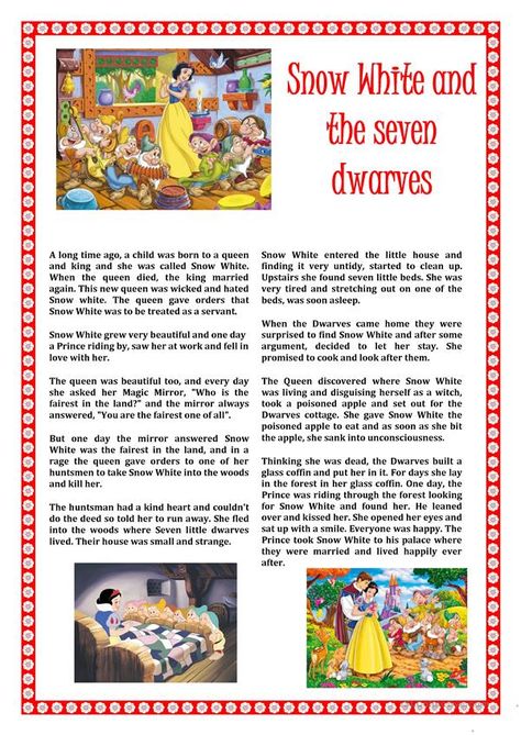 SNOW WHITE - English ESL Worksheets Story English Book, Snow White Story Book, Snow White Short Story, English Fairytales, English Story Telling, Story Telling For Kids, Fairy Tales Sequencing, Snow White Story, 2x2 Picture