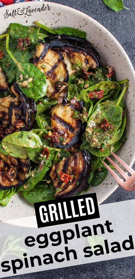 Change up your salad rotation with this easy spinach salad recipe that has grilled eggplant! It has a bright lemon dressing and fresh herbs. Easy Spinach Salad, Chicken Eggplant, Eggplant Salad, Spinach Salad Recipes, Herb Salad, Grilled Eggplant, Family Dinner Recipes, Spinach Salad, Mediterranean Diet Recipes