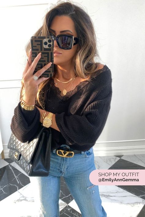 SWEATER, Necklaces, sunglasses, Jeans, Belt, Handbag, Phone case. Chanel, Valentino, Fendi. Spring Jeans Outfit - Emily Ann Gemma, The Sweetest Thing Blog #EmilyGemma #theSweetestThingBlog Valentino Belt Outfit, Spring Jeans Outfit, Emily Gemma Outfits, September Instagram, Valentino Belt, Louis Vuitton Sweater, Emily Ann Gemma, Steve Madden Sunglasses, American Sweater