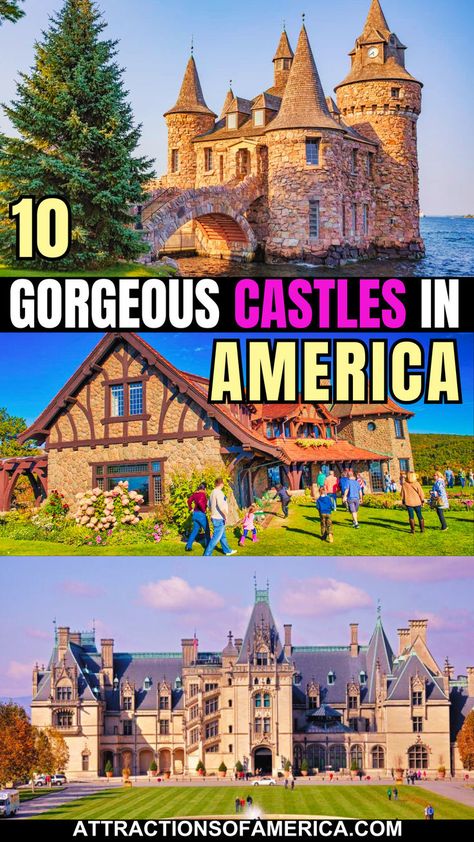 Collage of beautiful American castles with text reading 10 gorgeous castles in America. Fairy Tale Homes, Castles In America, Iolani Palace, 50 States Travel, American Castles, Boldt Castle, Places In Usa, Honeymoon Places, Famous Castles