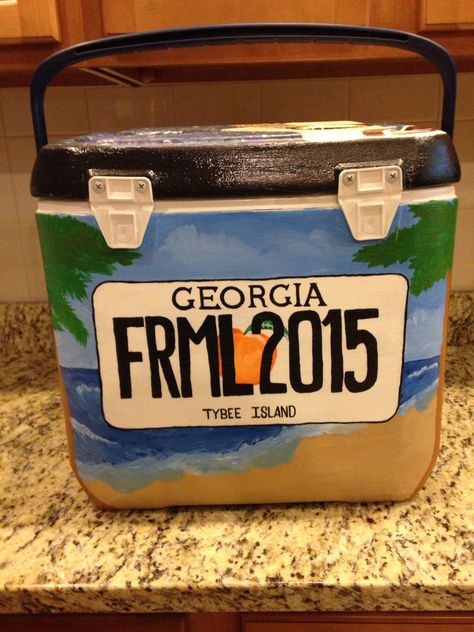 Georgia license plate cooler side with beach background for formal Nola Cooler, Formal Cooler Ideas, Cool License Plates, Sorority Art, Formal Cooler, Fraternity Coolers, Coolest Cooler, Cooler Ideas, Frat Coolers