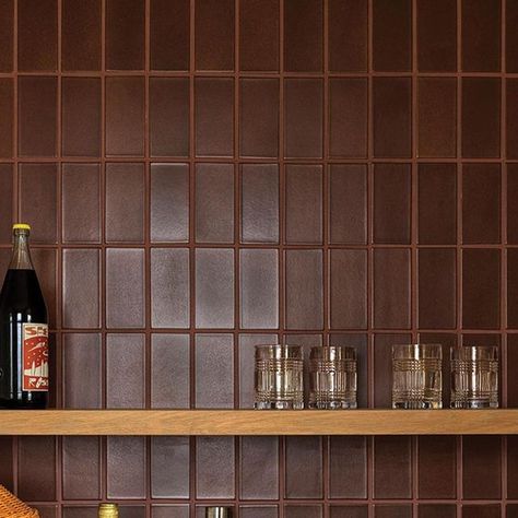 Heath Tile Kitchen, Wine Red Kitchen, Red Tile Kitchen, Brown Kitchen Tiles, Brown Countertop, Heath Tile, Resturant Design, Moody Kitchen, Elizabeth Roberts