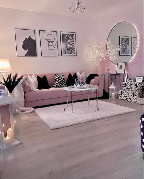 #pink #livingroomdecorideas #livingroomdesign #black #white #zebraprint #rug Pink Glam Room, Living Room Glam, Pink Living Room, Glam Room, Pink House, Pink Houses, Pink Interior, Pink Decor, Perfect Pink