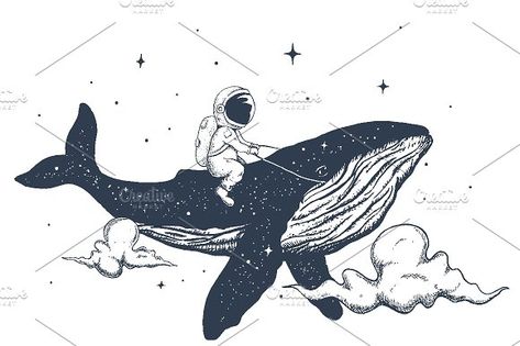 Astronaut and whale in the clouds by Dimonika on @creativemarket Space Whale Wallpaper, Whale Wallpaper, Space Whale, Whale Drawing, Whale Illustration, Whale Tattoos, Astronaut Art, Whale Art, Desenho Tattoo