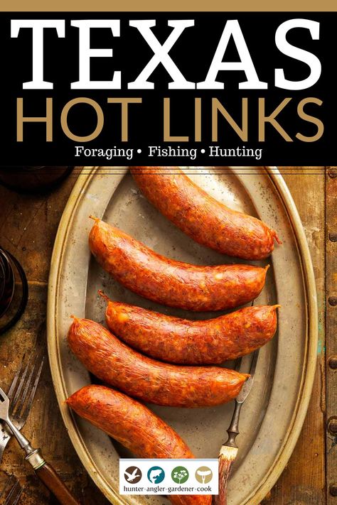 If you’ve ever had Texas barbecue, chances are you’ve had hot links; they are almost a requirement at most Hill Country BBQ joints. Here’s how to make them at home. There are several versions of hot links sausage, depending on where you are from. Growing up, to me hot links were a sort of hot dog, obviously a spicy one. | @huntgathercook #texashotlinksrecipe #howtomaketexashotlinks Earl Campbell Hot Links Recipes, Hot Sausage Link Recipes, Hot Links In Air Fryer, Texas Hot Links Recipe, Hotlinks Sausage, Hot Links Recipes Meals, Hot Links Recipes Dinners, Texas Sausage Recipe, Hot Links Recipes