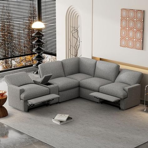 VilroCaz Upholstery Modular Sofa Sectional Sets, L Shape Sectional Corner Sofa with Storage Box and Cup Holders, Linen Fabric Power Recliner Sofa Couch with USB Ports for Living Room Office (Grey-R1) Corner Sofa With Storage, Contemporary Recliners, Corner Sectional Sofa, Sectional Sofa With Recliner, Recliner Corner Sofa, Power Socket, Power Reclining Sofa, Sectional Sofa Couch, Stylish Sofa