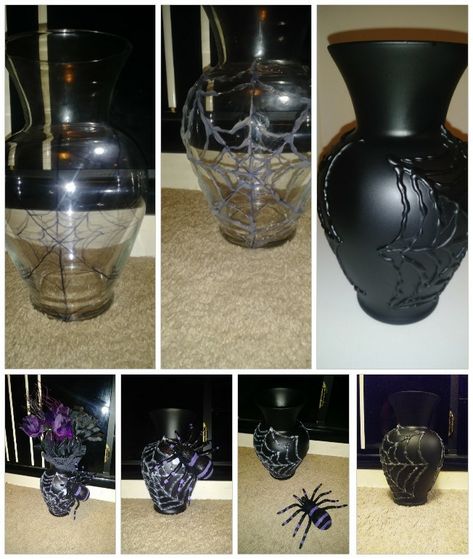 Gothic Vases Diy, Diy Halloween Vase, Halloween Vase Ideas, Halloween Vases Diy, Goth Diy, Thrifty Style, Halloween Vase, Plastic Vase, Halloween Floral