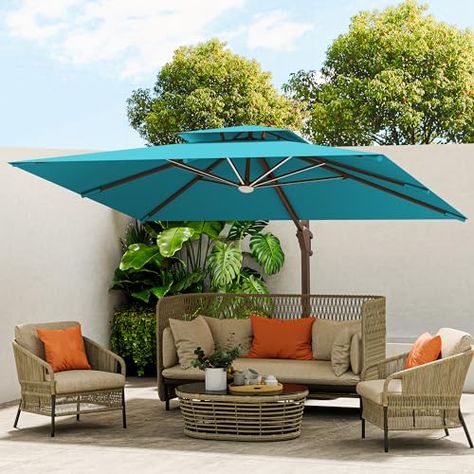 MEVBC 10 X 13 FT Cantilever Outdoor Patio Umbrella Rectangular Umbrellas with Led Lights Large Heavy Duty 360° Rotation Double Top Offset Umbrella for Outside Deck Backyard Garden Pool, Turquoise Rectangular Patio Umbrella, Deck Backyard, Cantilever Patio Umbrella, Shade Umbrellas, Offset Umbrella, Outdoor Couch, Decks Backyard, Garden Pool, Garden Structures