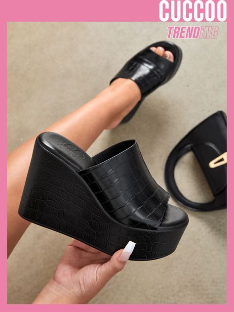 Black Elegant Collar   Crocodile Print Wedges Slide Sandals Embellished   Women Shoes Black Wedges Shoes, Summer Shoes Wedges, Wedge Slides, Wedge Platform Sandals, Mode Shoes, Crocodile Print, Stylish Sandals, Platform Heels Chunky, Dress Shoes Womens