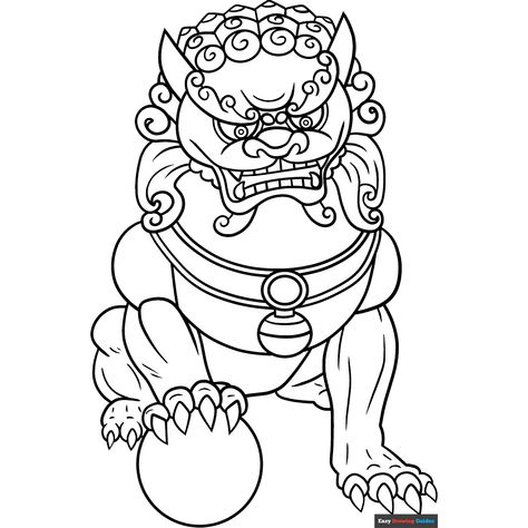 Free Foo Dog Coloring Page for Kids Chinese Guardian Lion, Foo Dog Tattoo Design, Foo Dog Tattoo, Easy Drawing Guides, Guardian Lion, Fu Dog, Japan Tattoo Design, Drawing Guides, Tooling Patterns