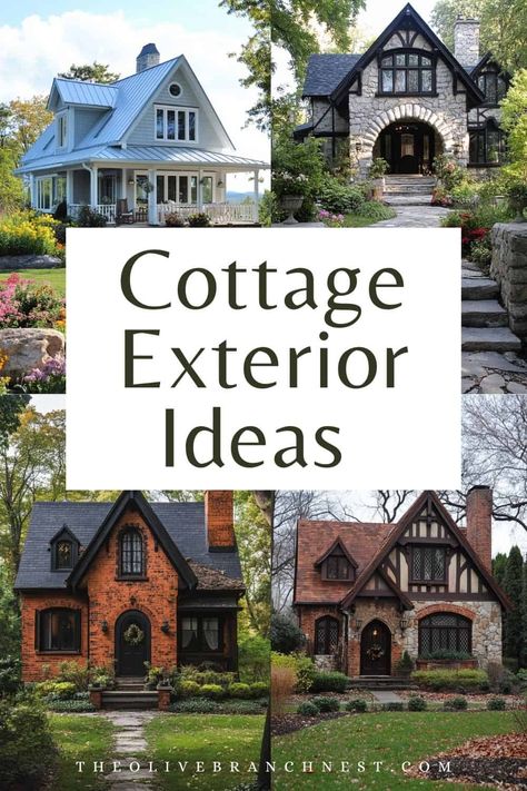 Cottage Exterior Ideas Cottage Style Home Exterior Colors, Country Cottage Outside, Small Country Cottage Exterior, English Cottage Exterior Colors, Cottage Looking Homes, Witchy Cottage Exterior, Modern Cottage Exterior Ideas, Cottage Exterior Paint Colors, Scandinavian Cottage Exterior