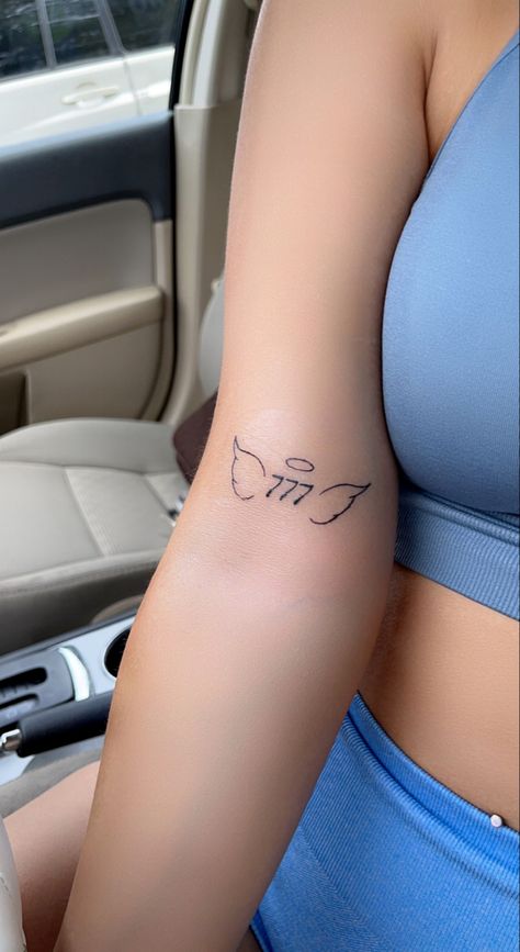 Angel And Angel Number Tattoo, Cute Angel Number Tattoos, 777 Tattoo On Arm, 444 Angel Tattoo Ideas, Number With Angel Wings Tattoo, Angel Wings 444 Tattoo, 444 Tattoo With Wings, Angel Number With Wings Tattoo, 777 Tattoo Ideas Women