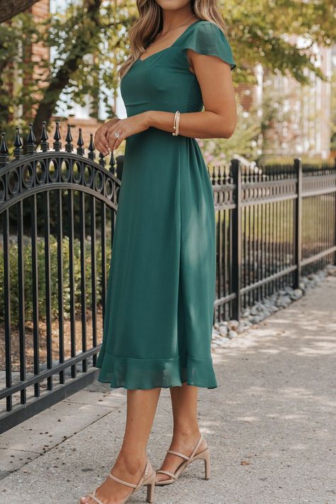 Ruffled Midi Dress, Shirred Dress, Cap Sleeve Dress, Midi Ruffle Dress, Dresses Elegant, Green Midi Dress, Capped Sleeve Dress, Neck Ruffle, Sweetheart Neck