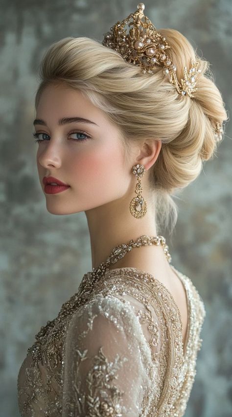 Transform into royalty with these 25 dreamy princess hairstyles! From elegant updos to flowing curls, discover a range of enchanting styles fit for any fairytale. Perfect for weddings, themed parties, or simply adding a touch of magic to your look. Embrace your inner princess and shine like never before! Fairytale Hairstyles Princesses, Princess Wedding Hairstyles, Royalty Hairstyles, Fairytale Hairstyles, Royalty Wedding Theme, Royalty Wedding, Wedding Party Hairstyles, Romantic Braid, Elegant Updos