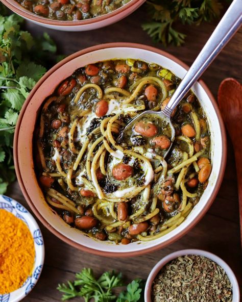 VEGAN ASH RESHTEH (Persian Noodle Soup) - Plant-Based Passport Ash Reshteh, Lentils And Beans, Persian Recipes, Night Food, Vegan Yogurt, Vegan Soups, Persian Food, Middle Eastern Recipes, Winter Nights