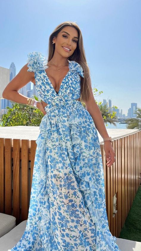 Anne Lowe Dresses, Blue And White Pattern Bridesmaid Dress, Anne Louise Boutique, Spring Light Blue V-neck Maxi Dress, Blue V-neck Maxi Dress With Ruffle Hem, Face Acne, Boutique Dresses, School Design, Prom