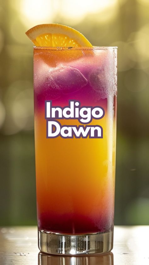 The Indigo Dawn is a stunning layered cocktail featuring Empress Gin’s unique indigo hue, orange juice, and a splash of grenadine. This refreshing drink captivates with its visual appeal and delicious blend of sweet and citrus flavors. #indigodawn #empressgincocktails via @mybartender Indigo Gin Cocktails, Bartending Drinks, Crazy Cocktails, Grenadine Cocktail, Empress Gin, Orange Juice Cocktails, Brewery Ideas, Party Poison, Layered Cocktails