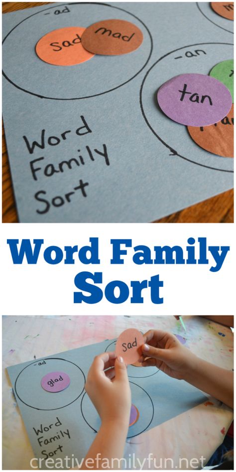 Help your child practice word families with this easy-to-make word family sort game. Word Family Sort, Word Family Activities, Family Word, Word Family, Read And Write, Kindergarten Learning, Word Activities, Kindergarten Literacy, Phonics Activities