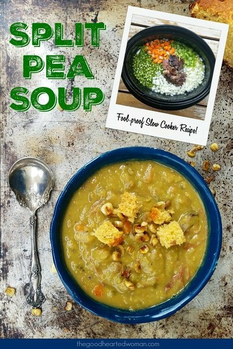 You just can't beat a bowl of thick, savory old-fashioned split pea soup with ham on a cold day. Comforting and hearty, this simple, virtually bulletproof recipe is an easy, economical way to repurposed leftover ham and ham bones, too.#souprecipe #slowcooker #slowcookerrecipes #slowcookersoup #splitpeas #foolproofrecipes #easyrecipes Crock Pot Pea Soup With Ham Bone, Old Fashioned Split Pea And Ham Soup, Pea Soup With Ham Bone Slow Cooker, Split Pea Soup Ham Bone, Slow Cooker Split Pea Soup With Ham Bone, Ham Bone Split Pea Soup, Split Pea Soup With Hambone, Pea Soup Crockpot, Split Pea Soup Slow Cooker