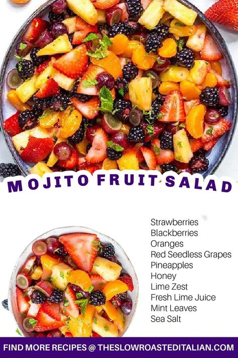 GET THE RECIPE -> https://www.theslowroasteditalian.com/mojito-fruit-salad.../ This Mojito Fruit Salad is bursting with fresh fruit and berries! Cruise Recipes, Fresh Fruit Bowl, Eating Clean Recipes, Fruit Sides, Berry Fruit Salad, Creamy Fruit Salads, Picnic Potluck, Tropical Fruit Salad, Slow Roasted Italian