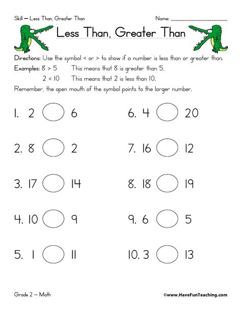 Skill – Less Than, Greater Than                         Name: _________________________                  Less Than, Greate... Greater Than Less Than Alligator, Less Than Greater Than, Mental Maths Worksheets, Subtraction Kindergarten, Kindergarten Worksheets Free Printables, Math Place Value, Have Fun Teaching, Free Kindergarten Worksheets, Kindergarten Worksheets Printable