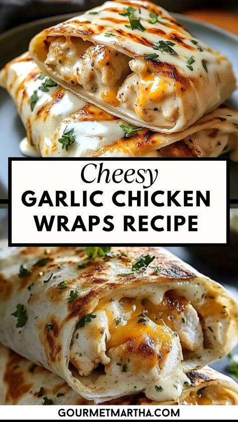 These cheesy garlic chicken wraps are the perfect quick and tasty meal, packed with flavor from juicy chicken, melted cheese, and a hint of garlic. Ready in minutes, they're ideal for lunch, dinner, or a snack. Make this dish tonight – grab the recipe! #chickenrecipe #easymeals #garlicchicken #cheesychicken #quickdinner #easywraps #mealprep #weeknightdinner #deliciousrecipes #comfortfood Grilled Chicken Wraps Easy, Wrap Sandwich Ideas Tortillas, Warm Wraps Recipes, Chicken Tortilla Wrap Recipes, Healthy Warm Lunch Ideas, The Crimpit Wrap Recipes, Crimpit Wrap Recipes, Chicken Wraps Tortillas, Crimpit Recipes