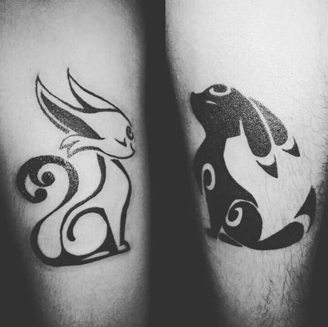 Espeon and Umbreon Studio Ghibli Tattoos Small Matching, Matching Pokemon Tattoos Best Friends, Couple Tattoos Pokemon, Nerdy Best Friend Tattoos, Matching Tattoos Pokemon, Pokemon Couple Tattoos, Matching Anime Tattoos, Duo Tattoo Ideas, Espeon And Umbreon