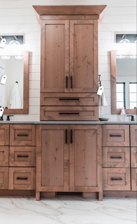 Master Bath Vanity With Linen Cabinet, Bathroom Vanity Center Tower, Vanity With Middle Tower, 6ft Vanity Master Bathrooms, Bathroom Vanity With Center Tower, Vanity With Linen Cabinet In Middle, Farmhouse Bathroom Vanity With Linen Cabinet, Alder Bathroom Cabinets, Master Bath Vanity With Linen Tower