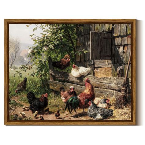 PRICES MAY VARY. VINTAGE FARMHOUSE WALL ART: The charming framed wall art featuring a delightful scene of a rooster, hen, and chicks playing in a farm setting. This heartwarming piece brings the rustic charm of farm life into your home, creating a cozy and inviting atmosphere. Each detail is lovingly depicted, from the vibrant colors of the feathers to the joyful expressions on the animals' faces, capturing the essence of country living. QUALITY GUARANTEE: Immerse yourself in the superior crafts Rooster Pictures, Chicken Decorations, Running Chicken, Wall Prints Bedroom, Farm Animal Paintings, Antique Farmhouse Decor, Farmhouse Paintings, Funny Running, Prints Bedroom