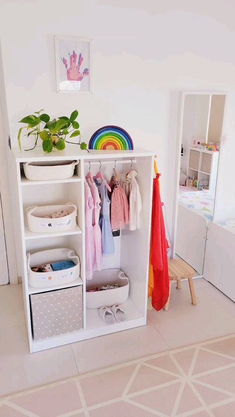 Ikea Kallax Hack Kids Wardrobe, Kallax Ikea Wardrobe, Ikea Dress Up Storage, Montessori Cupboard, Ikea Toddler Wardrobe Hack, Montessori Wardrobe Ikea Hack, Toddler Wardrobe Montessori, Ikea Syvde, Kids Wardrobe Organisation