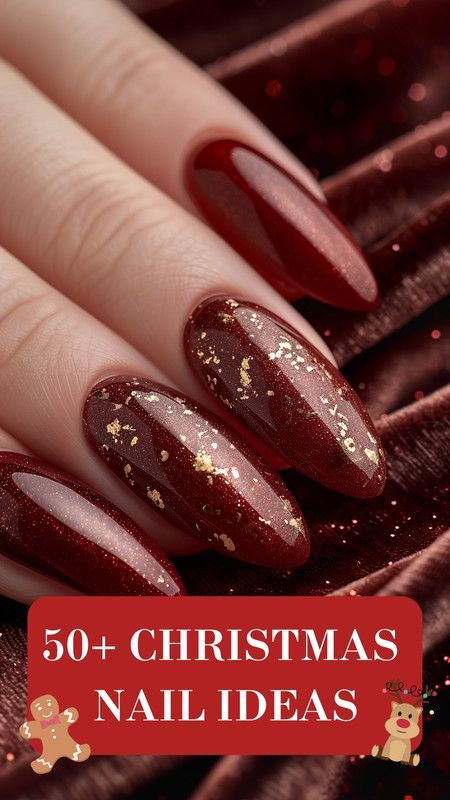 Holiday Nails Burgundy And Gold, Winter Nails Burgundy And Gold, Marron Christmas Nails, Metallic Red Christmas Nails, Red Gold Nails Acrylic, Red And Silver Gel Nails, Red And Champagne Nails, Red And Gold Ombre Nails, Gold And Red Christmas Nails