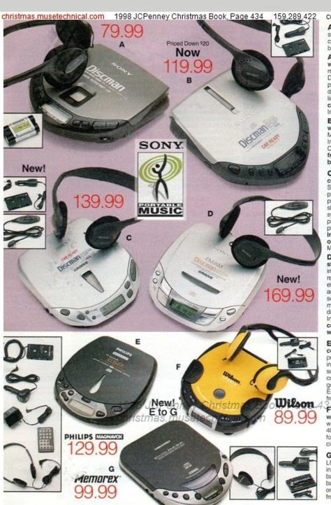 CD Walkman page, 1998 JC Penny Catalog 90s Walkman, Walkman Aesthetic, Cd Walkman, 2000s Core, 80’s Aesthetic, Gaming Equipment, Computer Love, Chaotic Energy, Jc Penny