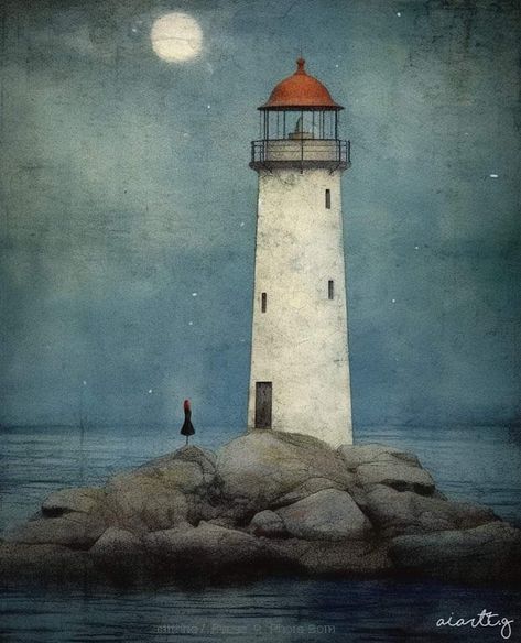 Lighthouse Acrylic Painting, Light House Art, Lighthouse Illustration, Painting Techniques Art, Vintage Lighthouse, Moonlight Painting, Lighthouse Painting, Lighthouse Pictures, Lighthouse Art