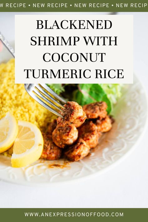 This easy-to-make blackened shrimp with coconut turmeric rice is packed full of flavor and is sure to be a hit! This gorgeous recipe is perfect for weeknights, dinner parties, date nights, and more. Spicy blackened shrimp served with flavorful coconut rice creates a delicious light meal that is sure to impress and have everyone coming back for more! Shrimp And Rice Recipes, Blackened Shrimp, Easy Weekday Meals, Large Family Meals, Shrimp And Rice, Light Salad, Rice Ingredients, Coconut Rice, Supper Recipes