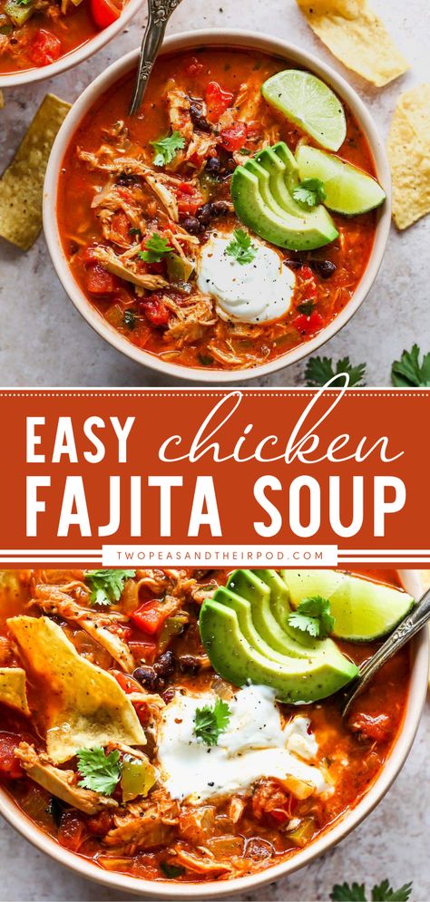 Chicken Fajita Soup Fiesta Chicken Soup Crockpot, Healthy Chicken Fajita Soup, Soup Rotisserie Chicken Recipes, Chicken Fajita Soup Recipe, Soup With Rotisserie Chicken Healthy, Shredded Chicken Soups, Southwest Chicken Soup Recipes, Rotisserie Chicken Soups, Rotisserie Chicken Recipes Soup