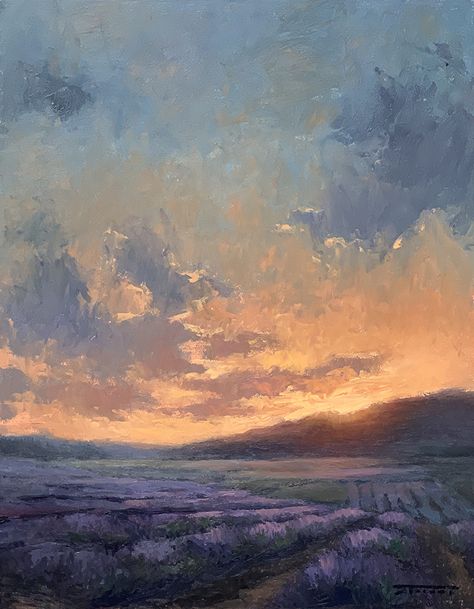 Lavender Dawn by Jane Hunt, Oil, 14 x 11 Lavender Painting Aesthetic, Parisian Painting, Dawn Painting, Master Oil Painting, Dawn Sky, Oil Painting Gallery, Oil Painting Pictures, Oil Painting Nature, Pastel Artwork